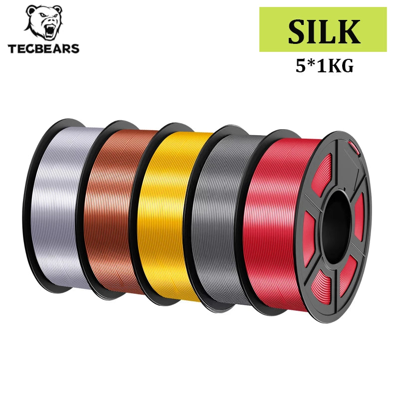 TECBEARS 3D Printer Filament Silk 1.75mm 5Rolls Multi Color PLA+ SILK Vacuum Packaging No Bubble for FDM 3D Printer Materials
