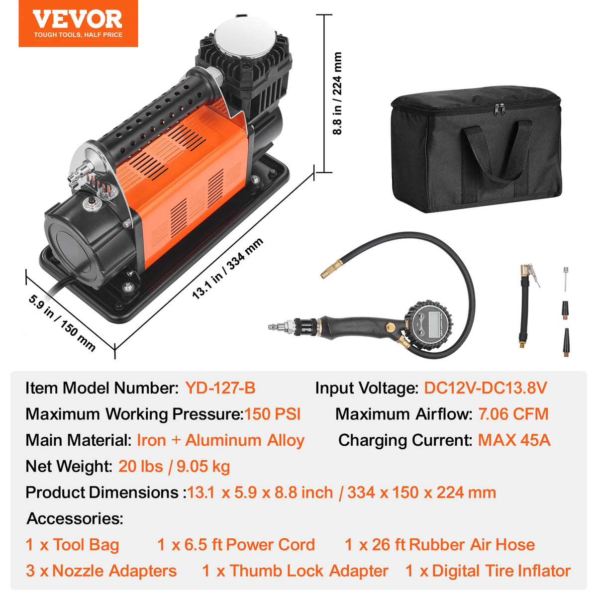 SucceBuy Tire Inflator Compressor 6-10 CFM Heavy Duty Air Compressor Dual-Cylinder 150PSI Air Pump with Adapters for Trucks Car