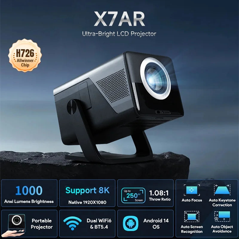 8K Support X7 AI Smart Projector with Android 14 OS, UHD 1080P 1000 ANSI Built-in Apps, Auto Focus&Keystone, Home Outdoor Beamer