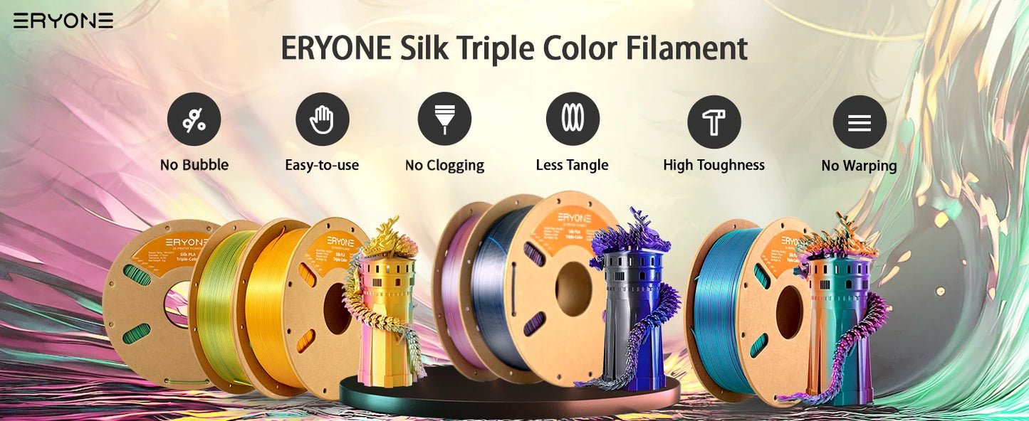 ERYONE 1KG Silk Triple Color Series PLA 3D Printer Filament 1.75mm, Tri-Color Coextrusion Silky Shiny Finish, 1kg Spool