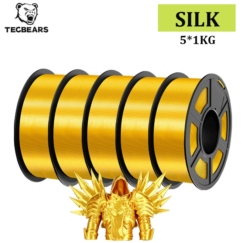 TECBEARS 3D Printer Filament Silk 1.75mm 5Rolls Multi Color PLA+ SILK Vacuum Packaging No Bubble for FDM 3D Printer Materials