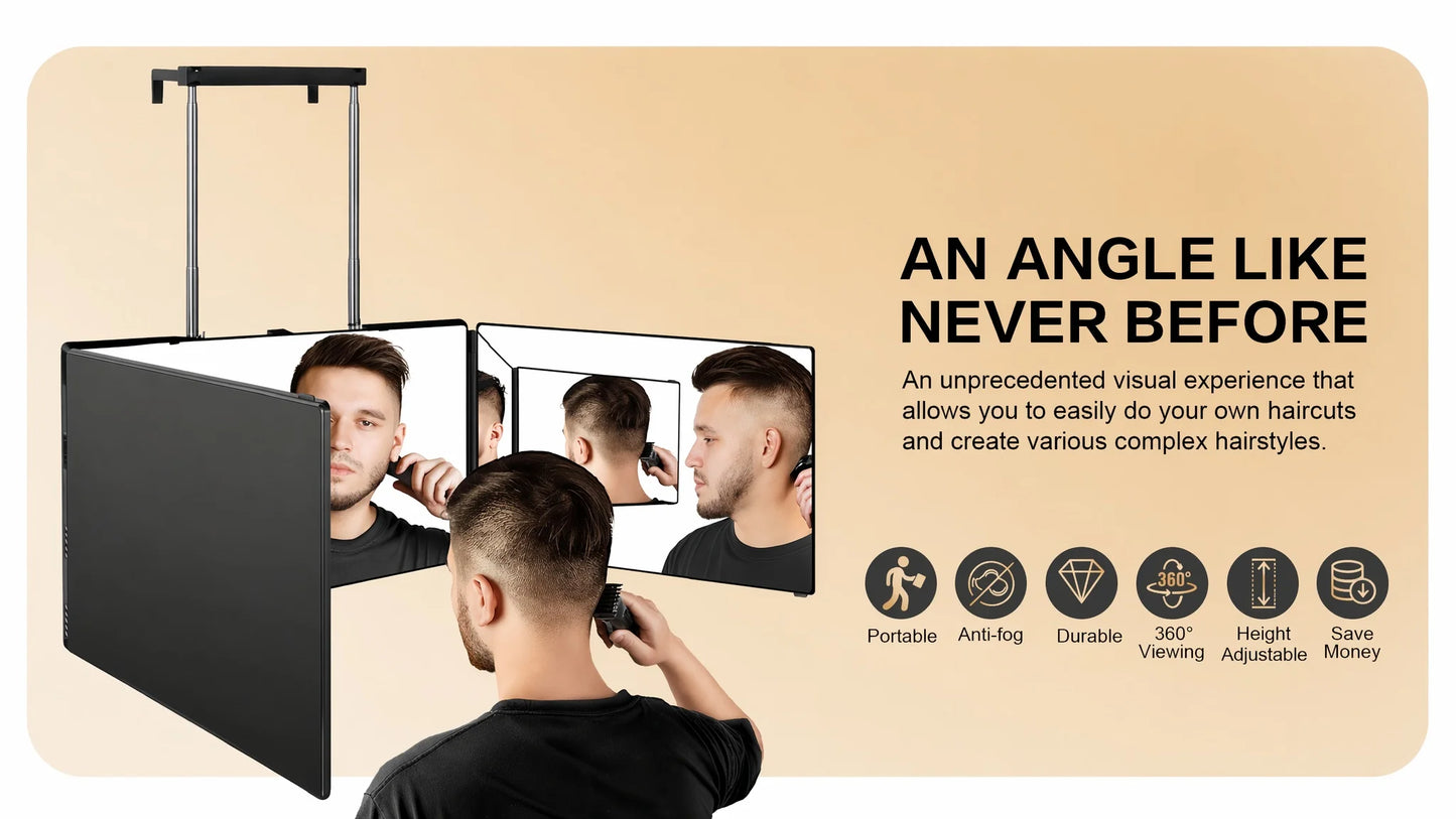 The 360 Mirror - 3 Way Mirror for Self Hair Cutting - Adjustable Trifold Barber Miror to Cut Your Own Hair - Tri Fold Self Haircut System for Men and Women Braiding