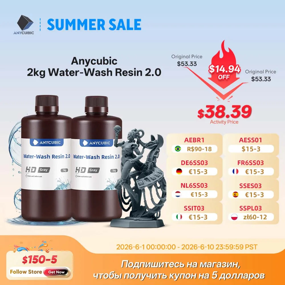 Anycubic Water Wash Resin Water Washable High Precision Low Odor Low Viscosity Support 3 Ways Washing For LCD 3D Printer Resin