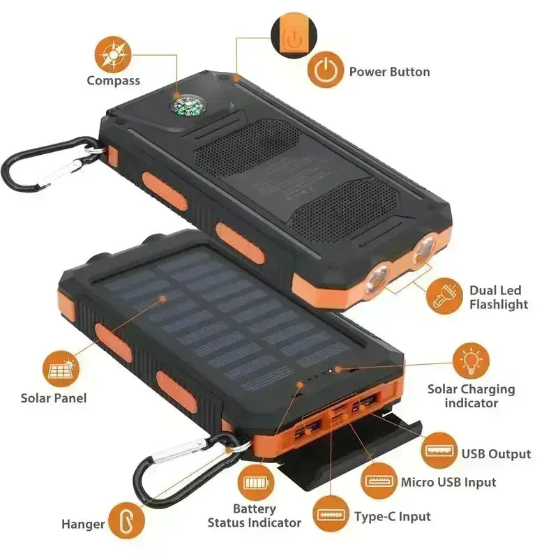 Outdoor Power Non-Stop: 10000mAh Solar Power Bank | QC3.0 Fast Charge, Bright Flashlight & Waterproof Build