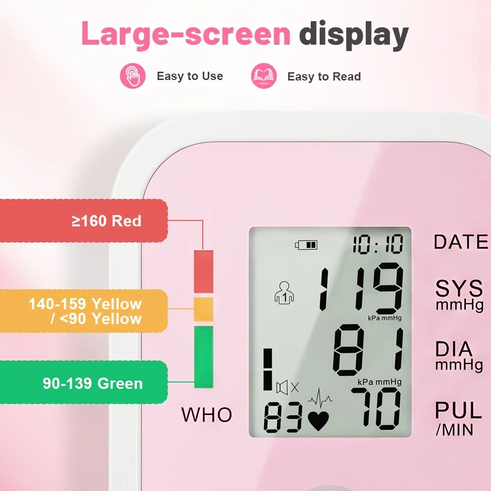 Upper Arm Blood Pressure Monitor Automatic Digital Heart Rate Pulse Meter Sphygmomanometer Tonometer with Large LCD Display Adjustable Cuff 22-42cm Dual Users Home Health Care Devices Support Type-C USB/AAA Battery Powered Sm