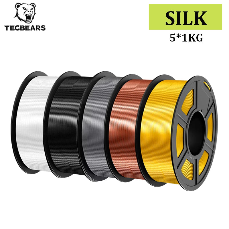 TECBEARS 3D Printer Filament Silk 1.75mm 5Rolls Multi Color PLA+ SILK Vacuum Packaging No Bubble for FDM 3D Printer Materials