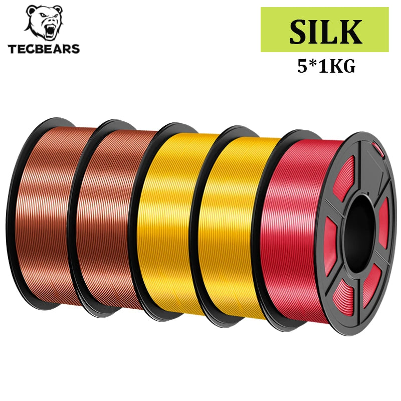TECBEARS 3D Printer Filament Silk 1.75mm 5Rolls Multi Color PLA+ SILK Vacuum Packaging No Bubble for FDM 3D Printer Materials