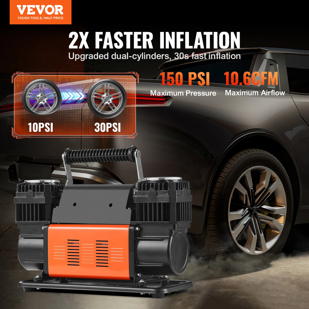 SucceBuy Tire Inflator Compressor 6-10 CFM Heavy Duty Air Compressor Dual-Cylinder 150PSI Air Pump with Adapters for Trucks Car