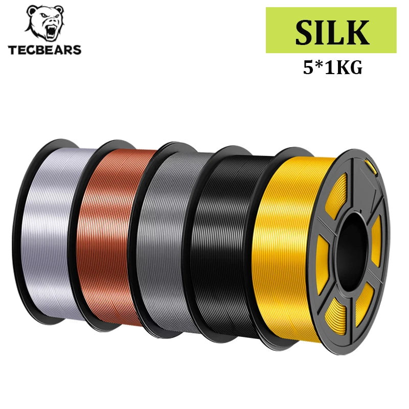 TECBEARS 3D Printer Filament Silk 1.75mm 5Rolls Multi Color PLA+ SILK Vacuum Packaging No Bubble for FDM 3D Printer Materials