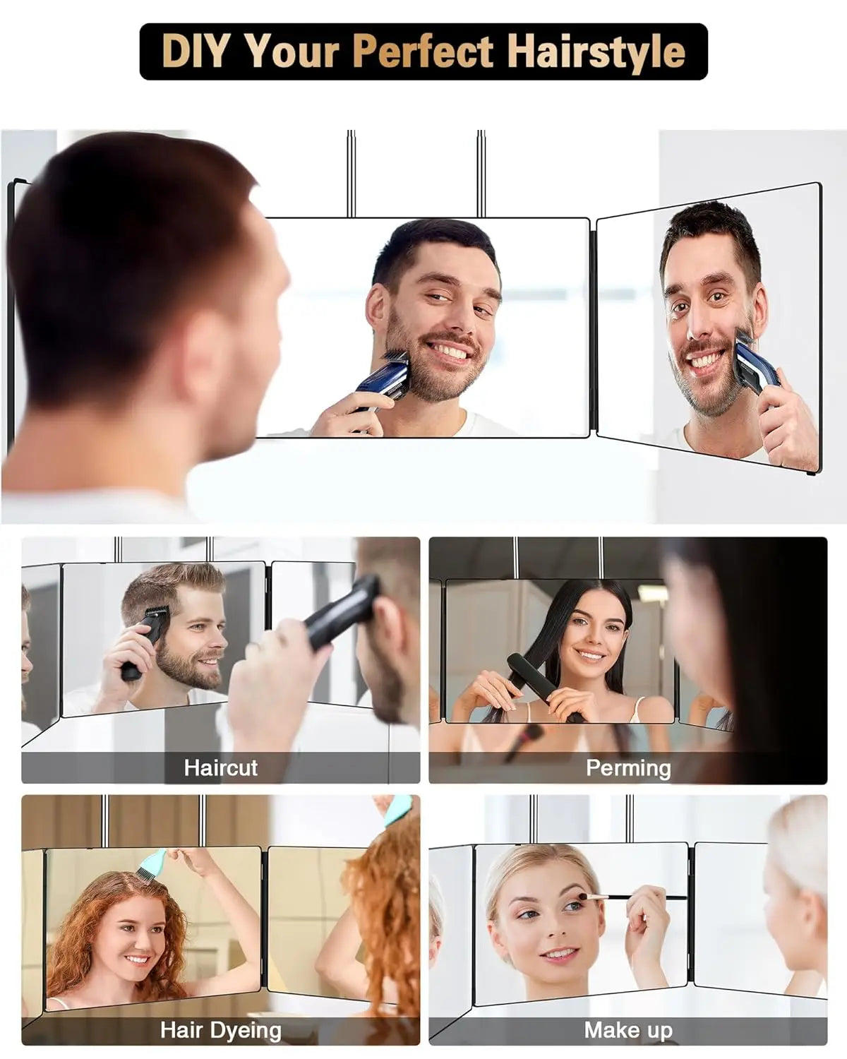 The 360 Mirror - 3 Way Mirror for Self Hair Cutting - Adjustable Trifold Barber Miror to Cut Your Own Hair - Tri Fold Self Haircut System for Men and Women Braiding