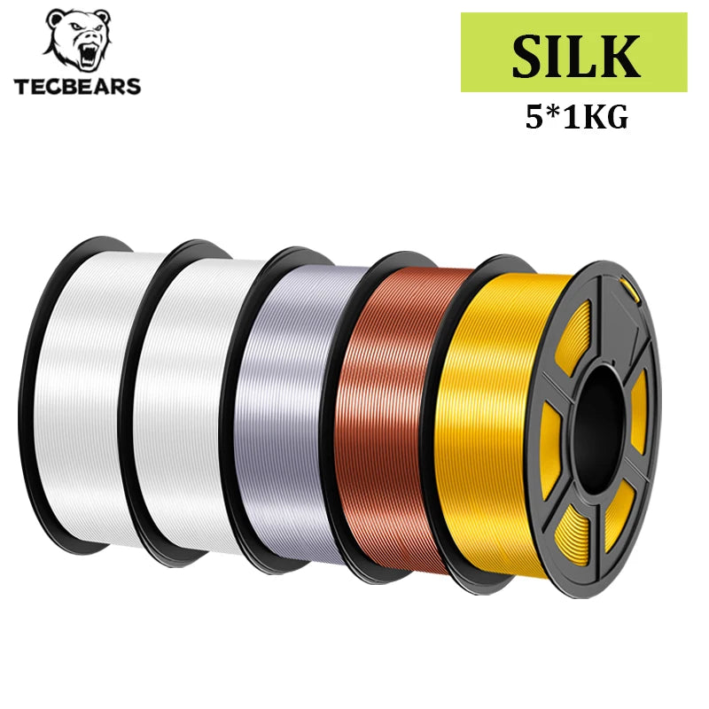 TECBEARS 3D Printer Filament Silk 1.75mm 5Rolls Multi Color PLA+ SILK Vacuum Packaging No Bubble for FDM 3D Printer Materials