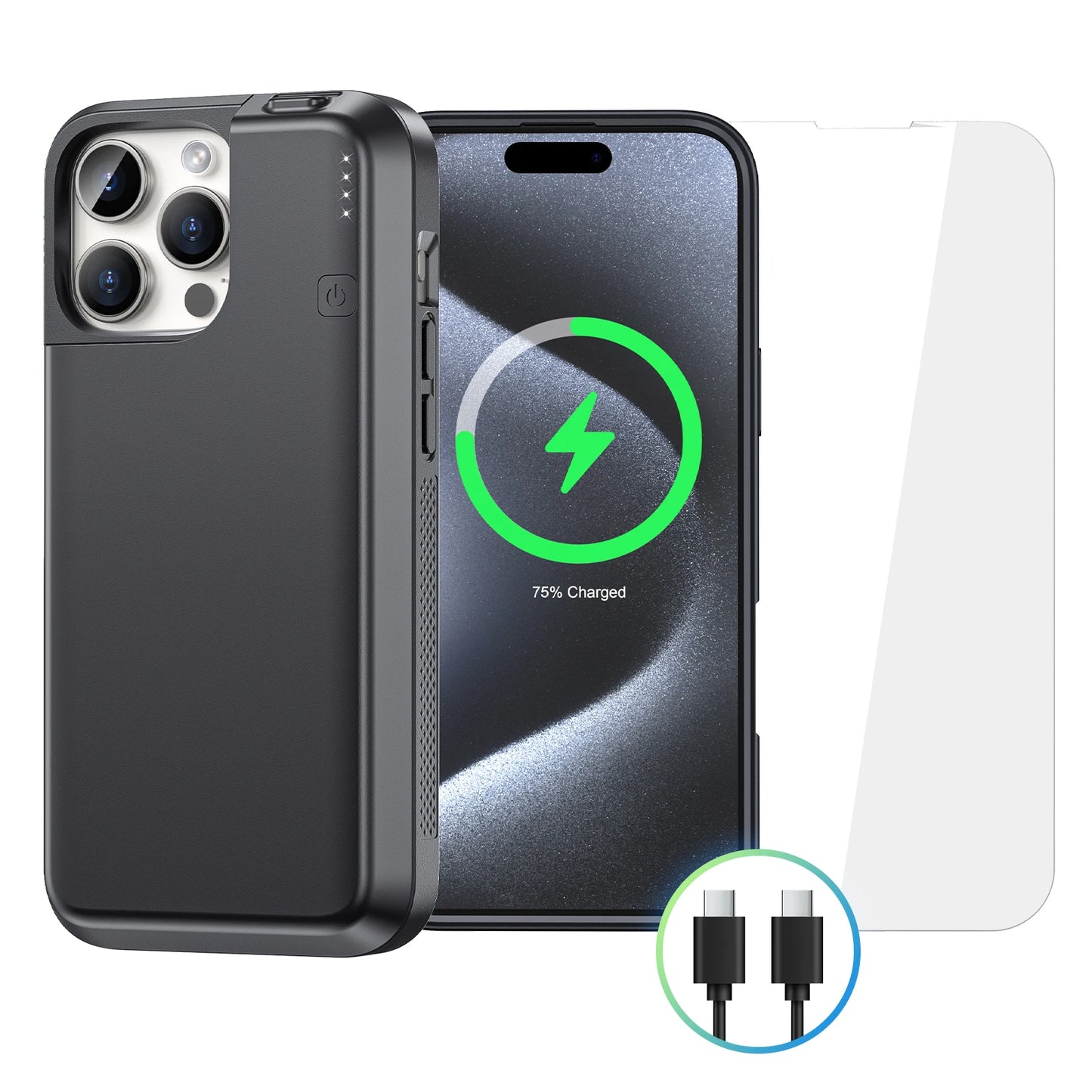Wireless Battery Case for iPhone 16 Pro Max 8000mAh USB-C Portable Power Bank Phone Cover Rechargeable Battery Charging Case