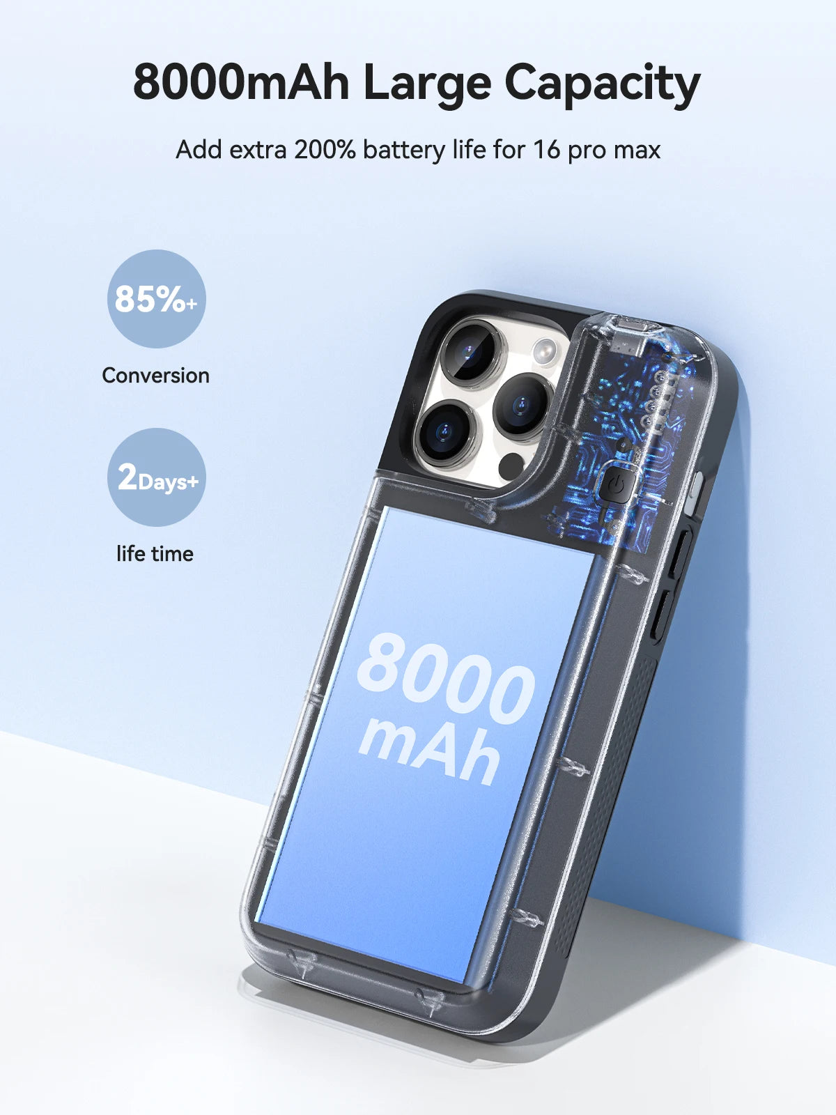 Wireless Battery Case for iPhone 16 Pro Max 8000mAh USB-C Portable Power Bank Phone Cover Rechargeable Battery Charging Case