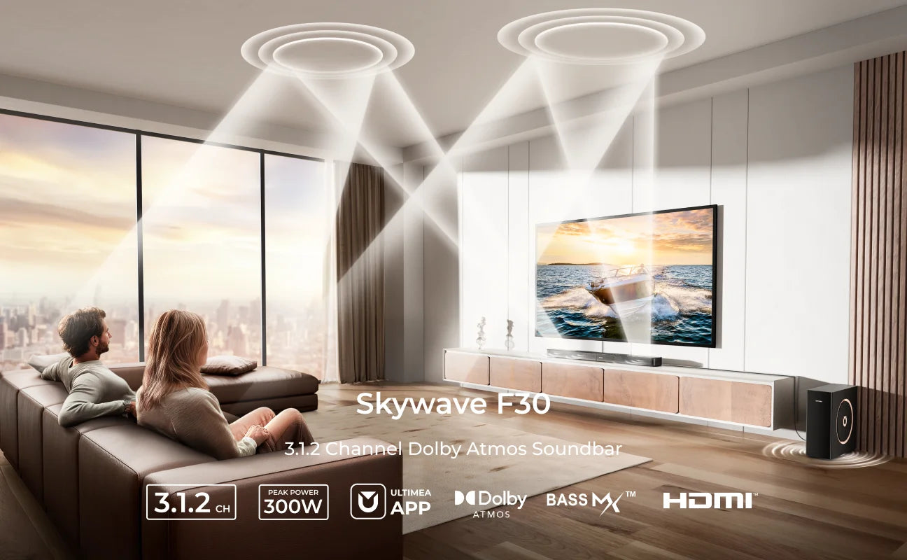ULTIMEA Skywave F30 Soundbar 3.1.2ch 300W Dolby Atmos Soundbar, with 5.25'' Wired Subwoofer, Home Theater for TV, APP Control