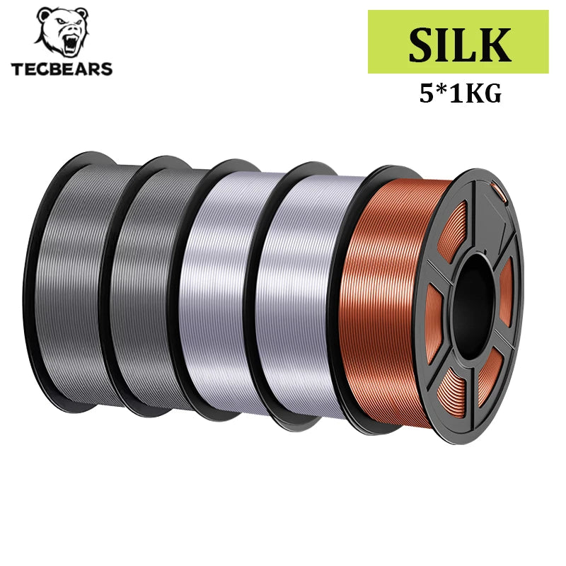 TECBEARS 3D Printer Filament Silk 1.75mm 5Rolls Multi Color PLA+ SILK Vacuum Packaging No Bubble for FDM 3D Printer Materials