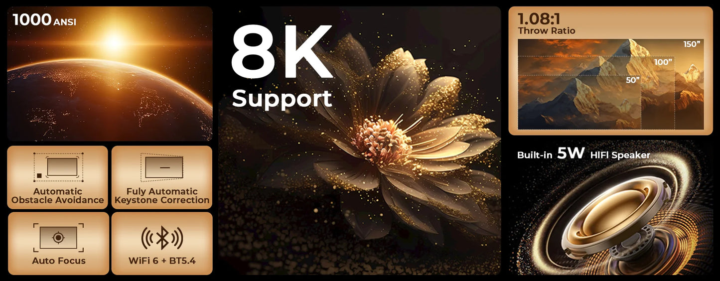 8K Support X7 AI Smart Projector with Android 14 OS, UHD 1080P 1000 ANSI Built-in Apps, Auto Focus&Keystone, Home Outdoor Beamer