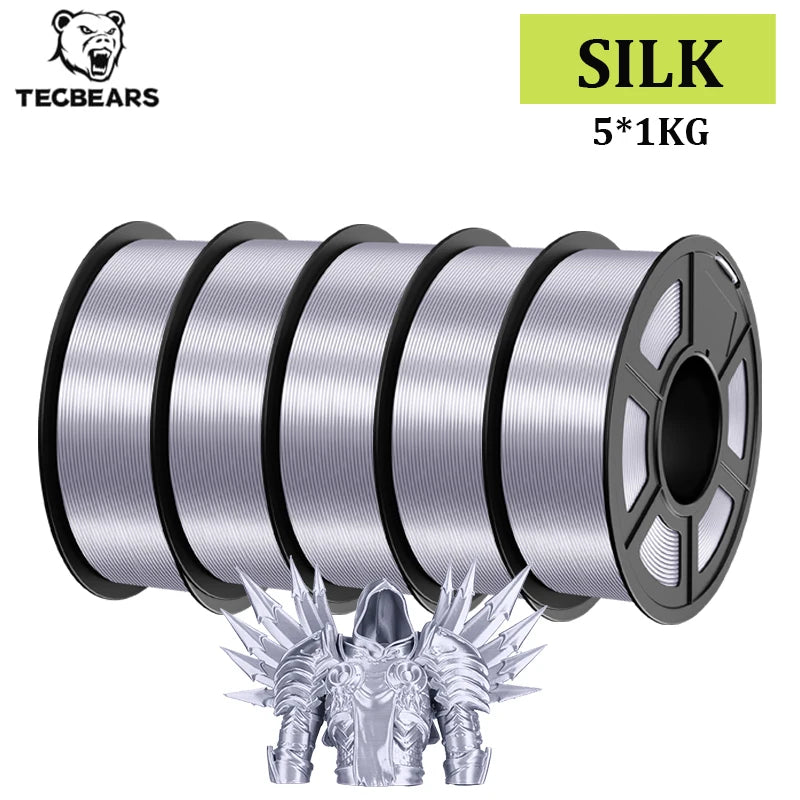 TECBEARS 3D Printer Filament Silk 1.75mm 5Rolls Multi Color PLA+ SILK Vacuum Packaging No Bubble for FDM 3D Printer Materials