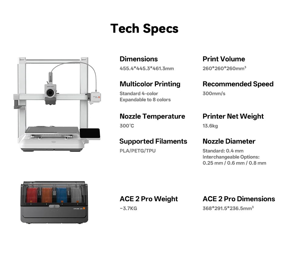 ANYCUBIC Kobra 4 Combo 600mm/s Fast Printing 3D Printer Up to 8 Colors ACE 2 Pro Filament Drying APP Control FDM 3D Printer