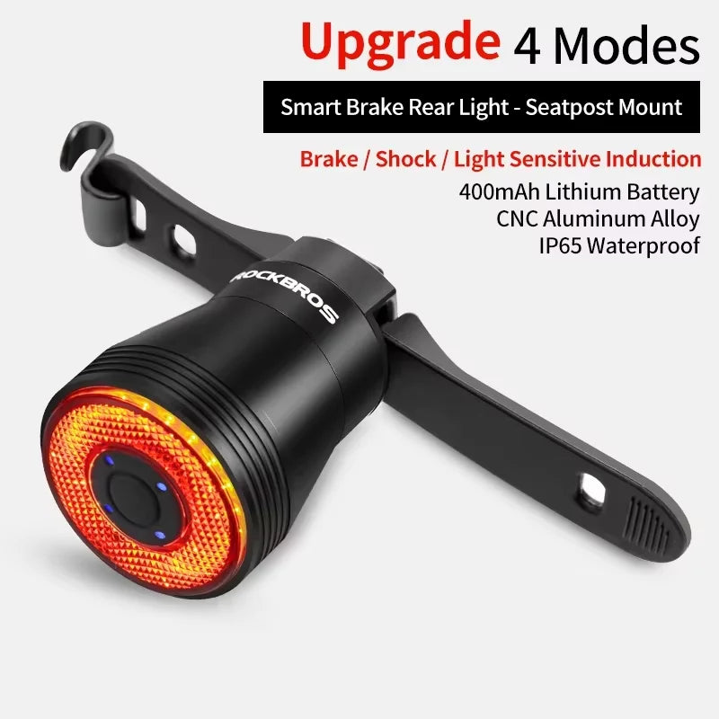 ROCKBROS Bike Light LED Bicycle IPx6 Waterproof USB Charging Taillight Cycling Q5 Flashlight Auto Brake Sensing Smart Rear Light