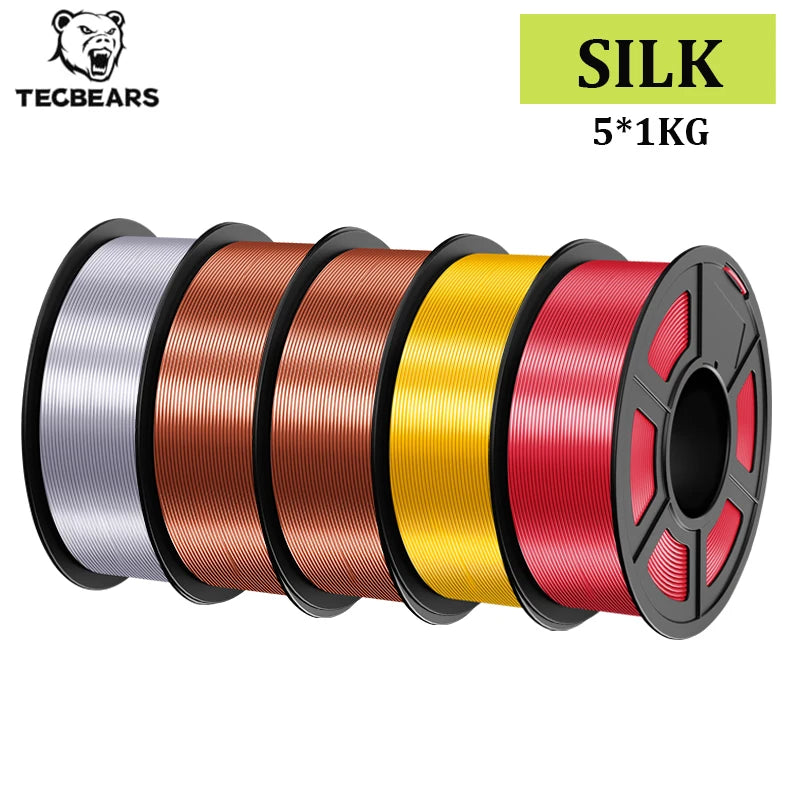 TECBEARS 3D Printer Filament Silk 1.75mm 5Rolls Multi Color PLA+ SILK Vacuum Packaging No Bubble for FDM 3D Printer Materials