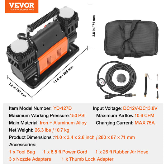 SucceBuy Tire Inflator Compressor 6-10 CFM Heavy Duty Air Compressor Dual-Cylinder 150PSI Air Pump with Adapters for Trucks Car