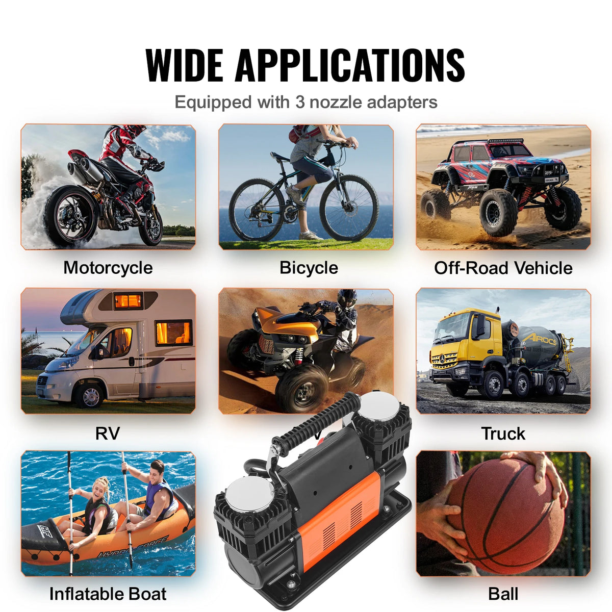 SucceBuy Tire Inflator Compressor 6-10 CFM Heavy Duty Air Compressor Dual-Cylinder 150PSI Air Pump with Adapters for Trucks Car