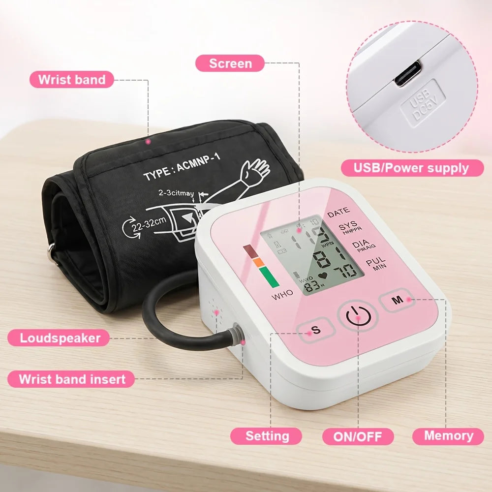 Upper Arm Blood Pressure Monitor Automatic Digital Heart Rate Pulse Meter Sphygmomanometer Tonometer with Large LCD Display Adjustable Cuff 22-42cm Dual Users Home Health Care Devices Support Type-C USB/AAA Battery Powered Sm