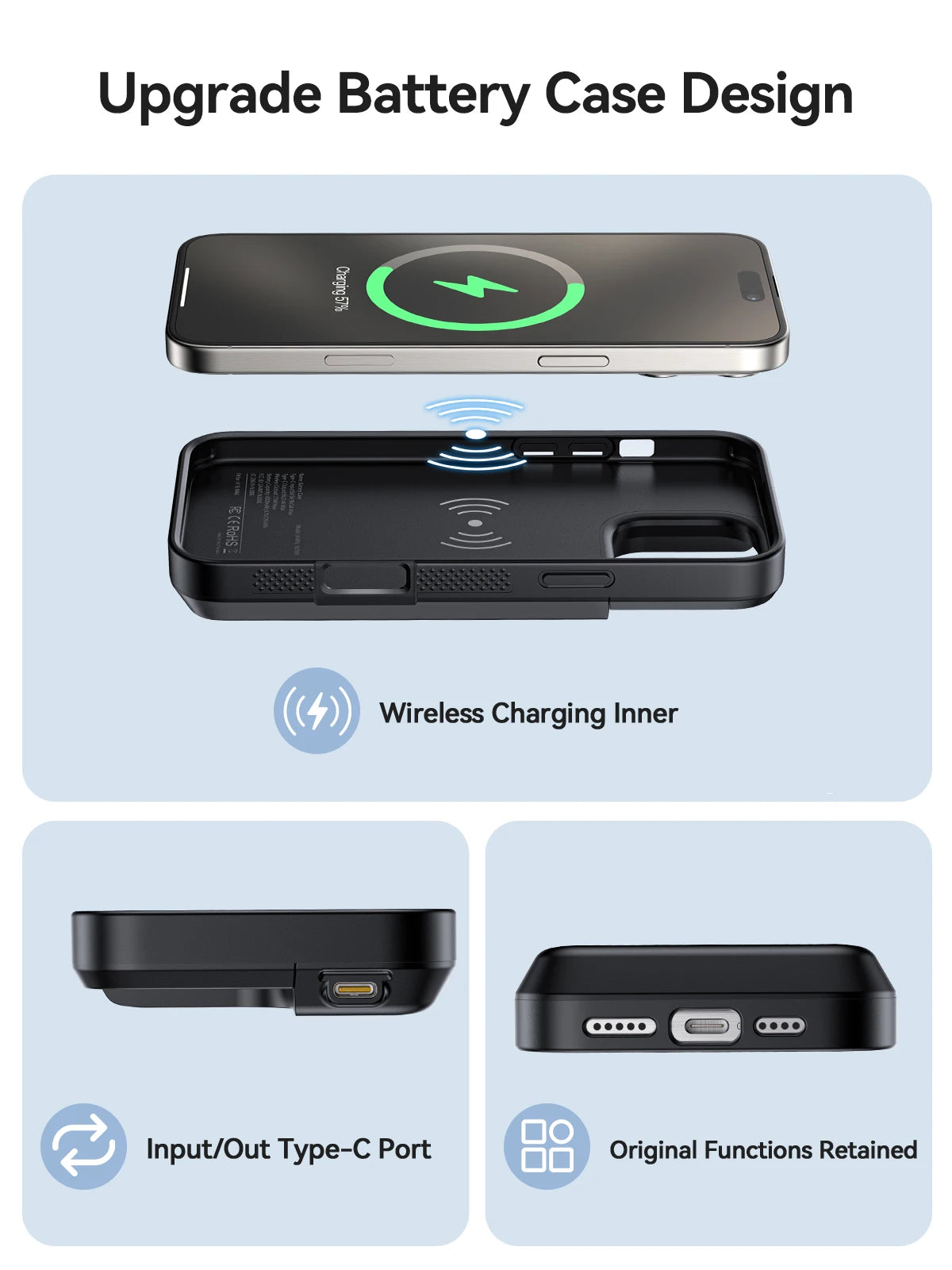 Wireless Battery Case for iPhone 16 Pro Max 8000mAh USB-C Portable Power Bank Phone Cover Rechargeable Battery Charging Case
