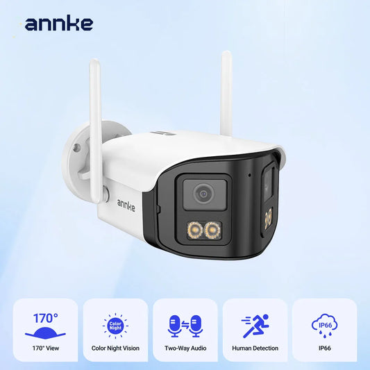 ANNKE 4MP Dual Lens WiFi Dual Band Security Camera Outdoor 170° Angle Full Color Night Vision Two-Way Audio Wireless PoE Cam