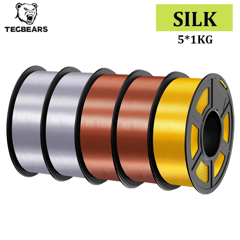 TECBEARS 3D Printer Filament Silk 1.75mm 5Rolls Multi Color PLA+ SILK Vacuum Packaging No Bubble for FDM 3D Printer Materials