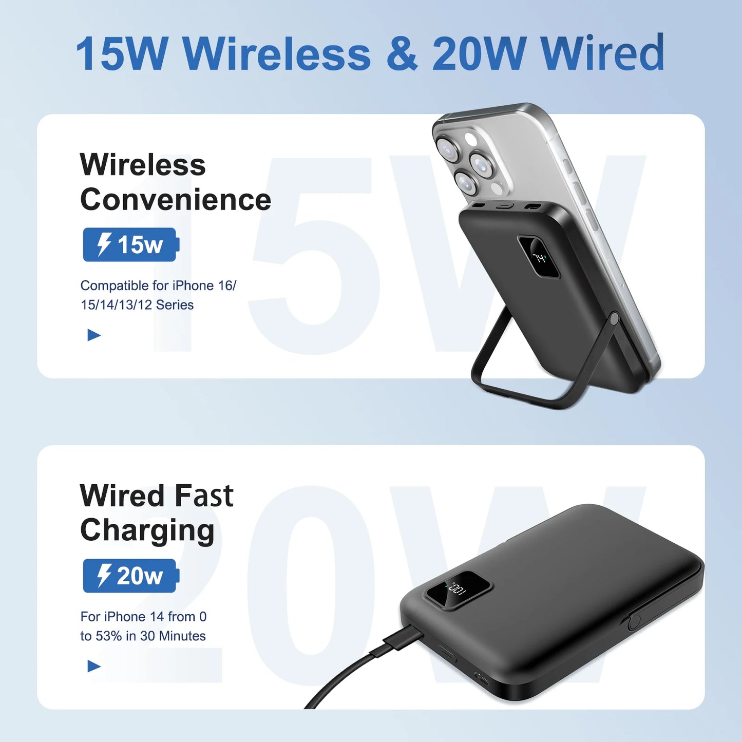 10000mAh Magnetic Power Bank Portable 20W Fast Charging with Digital Display Foldable Stand for Android iPhone 17 16 Samsung