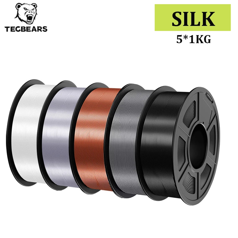 TECBEARS 3D Printer Filament Silk 1.75mm 5Rolls Multi Color PLA+ SILK Vacuum Packaging No Bubble for FDM 3D Printer Materials