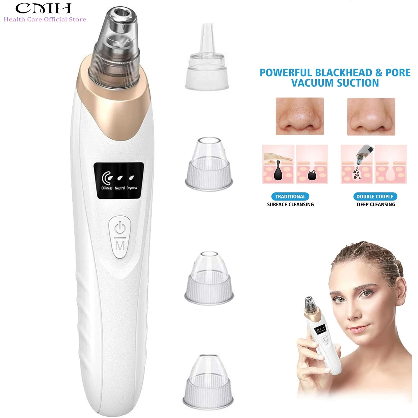 CMH Blackhead Remover Vacuum Pore Cleaner Multi Suction Heads Adjustable Suction USB Rechargeable Deep Cleansing Skin Tool Gifts