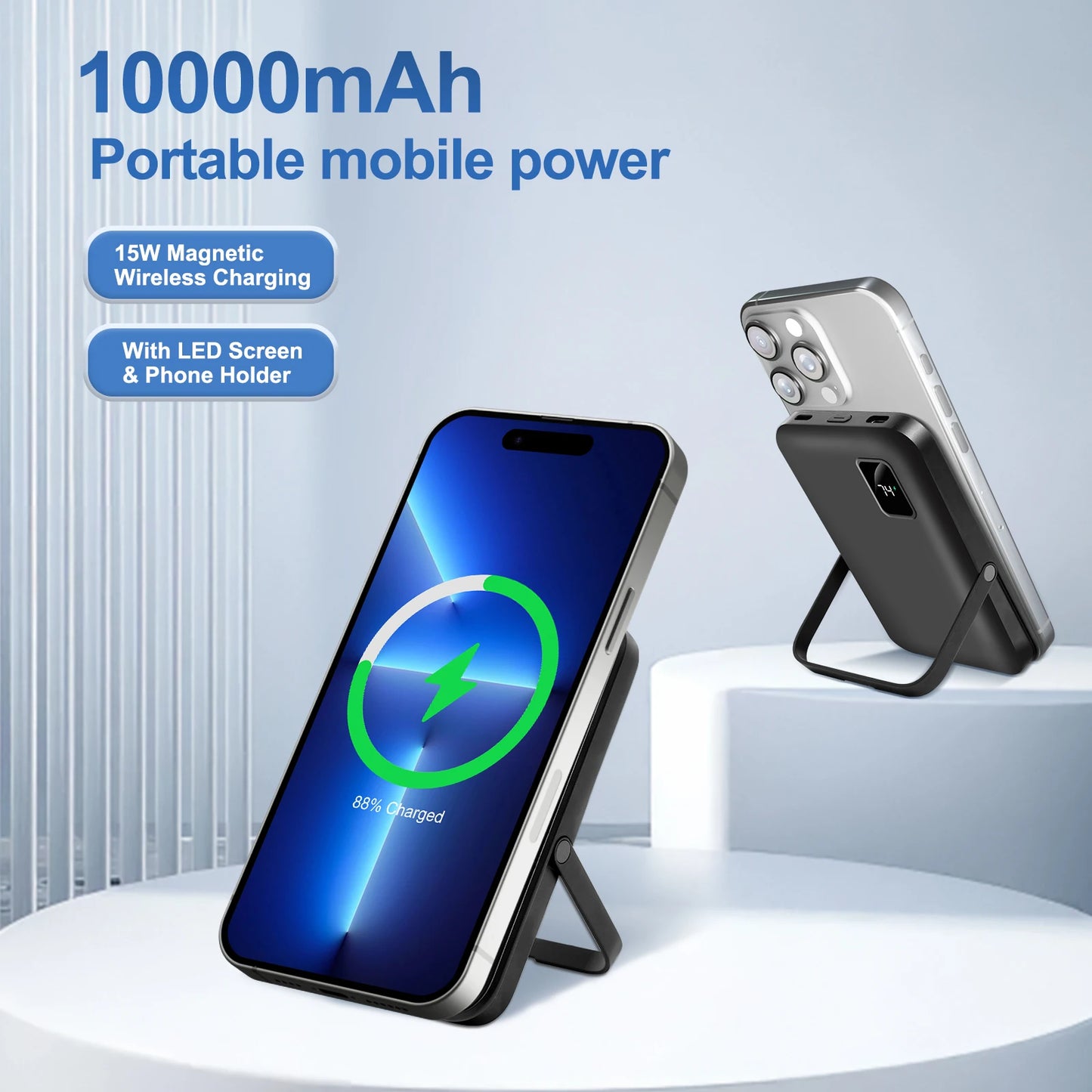 10000mAh Magnetic Power Bank Portable 20W Fast Charging with Digital Display Foldable Stand for Android iPhone 17 16 Samsung