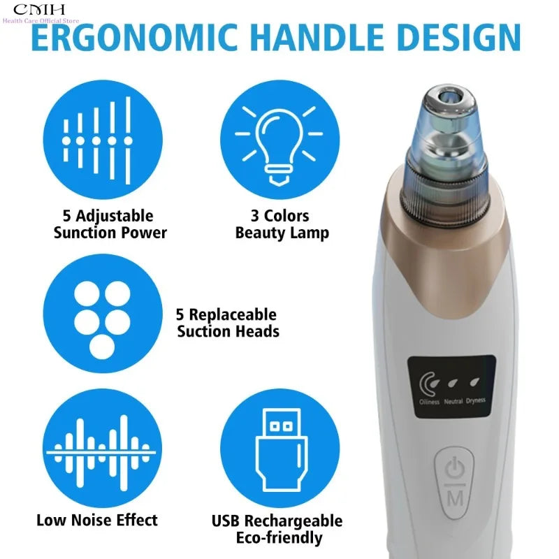 CMH Blackhead Remover Vacuum Pore Cleaner Multi Suction Heads Adjustable Suction USB Rechargeable Deep Cleansing Skin Tool Gifts