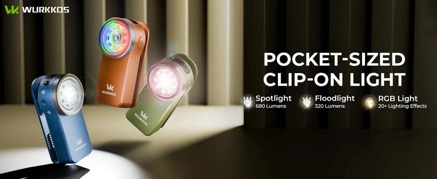 Wurkkos HD03 680LM Mini Clip Light USB Rechargeable Pocket Flashlight Spotlight/Floodlight Portable RGB Torch with Magnet