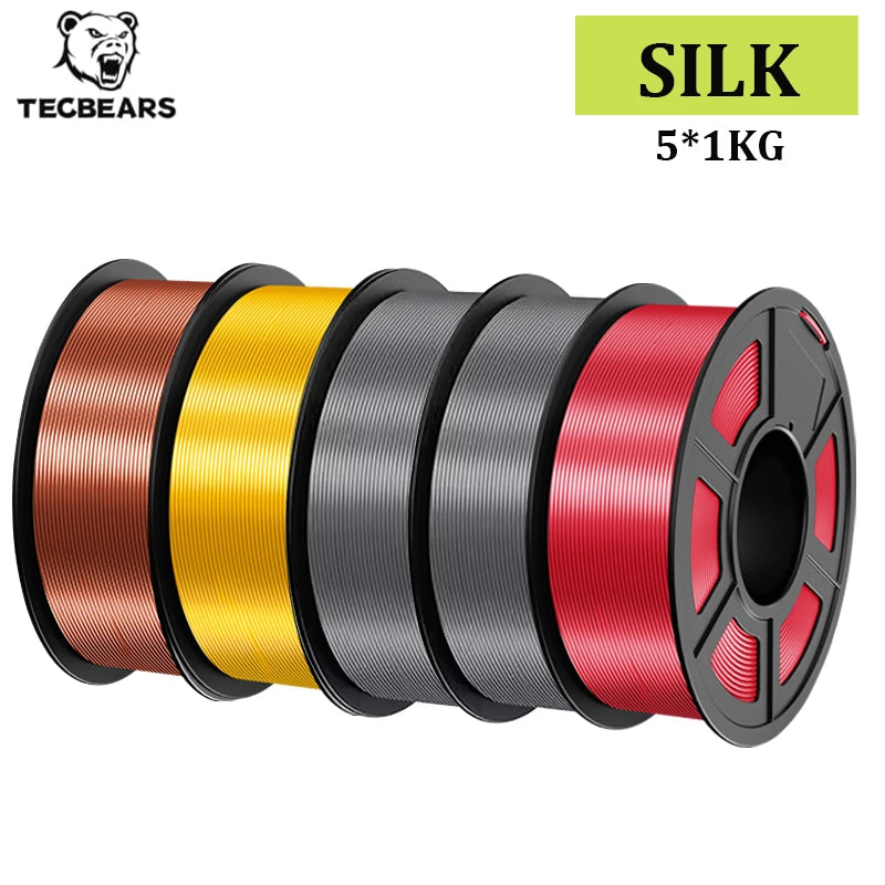 TECBEARS 3D Printer Filament Silk 1.75mm 5Rolls Multi Color PLA+ SILK Vacuum Packaging No Bubble for FDM 3D Printer Materials